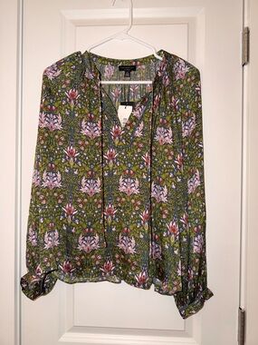 Current Air Olive Floral Tie-Front Peasant Blouse
